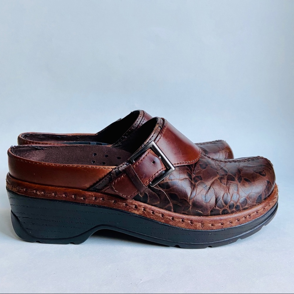 Klogs Brown Leather Floral Embossed Clogs